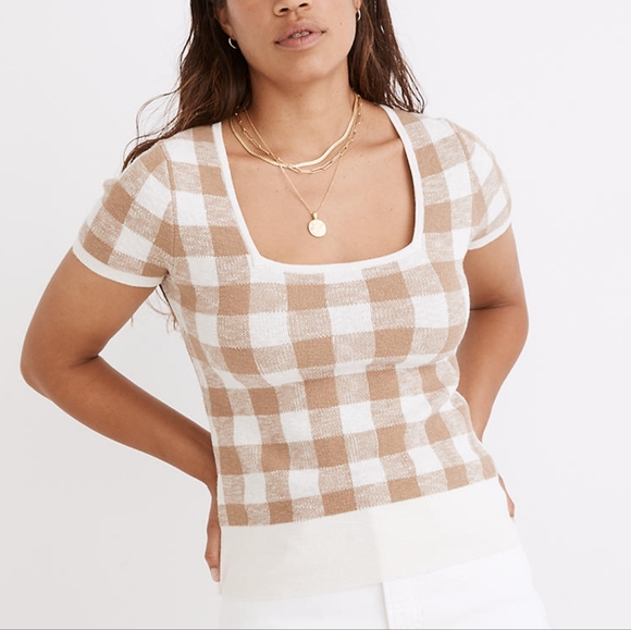 Madewell Tops - Square-Neck Sweater Tee in Gingham